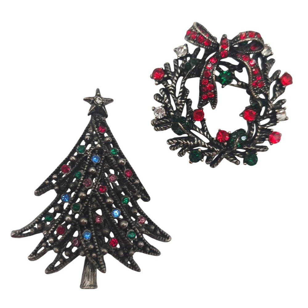 VTG Christmas Brooch 2PC Set Dark Silver Tone Red Green Tree Wreath Holiday‎ Joy